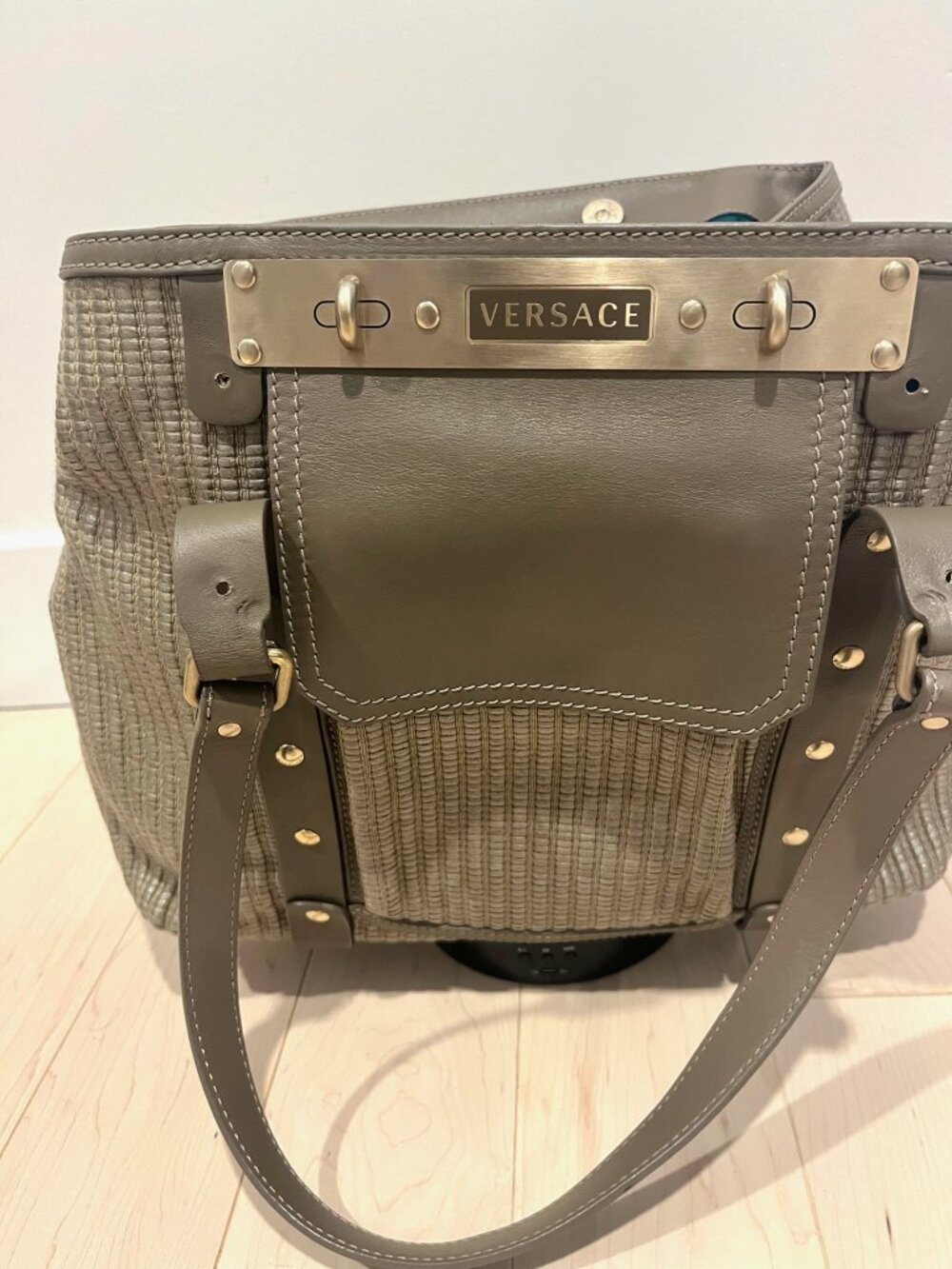 Vintage Versace Canvas and Leather Tote in Olive Green